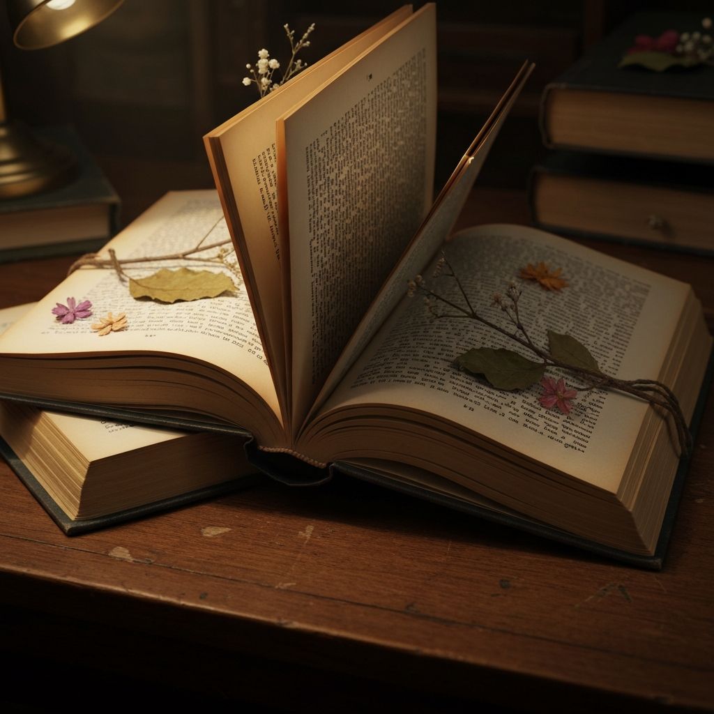 Tumpukan buku terbuka dengan elemen botanikal di meja kayu